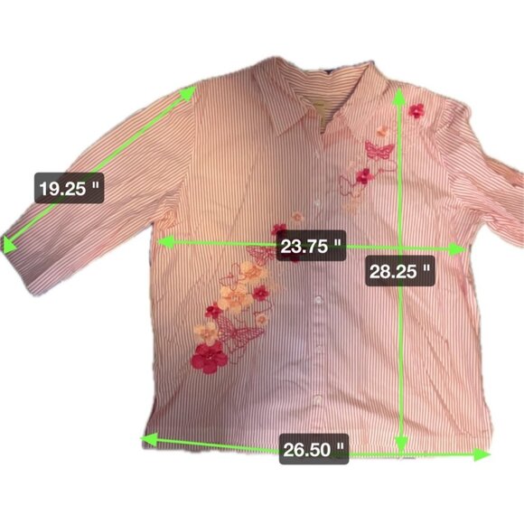 Bechamel Pink White Striped Floral Embroidered 3/4 Sleeve Button Up Top Sz XL - Picture 7 of 7